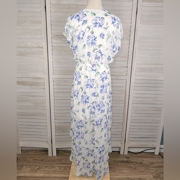 LILY ROSE Hi/Low Floral Print Maxi Dress White w Blue Floral-Large - Picture 4 of 4